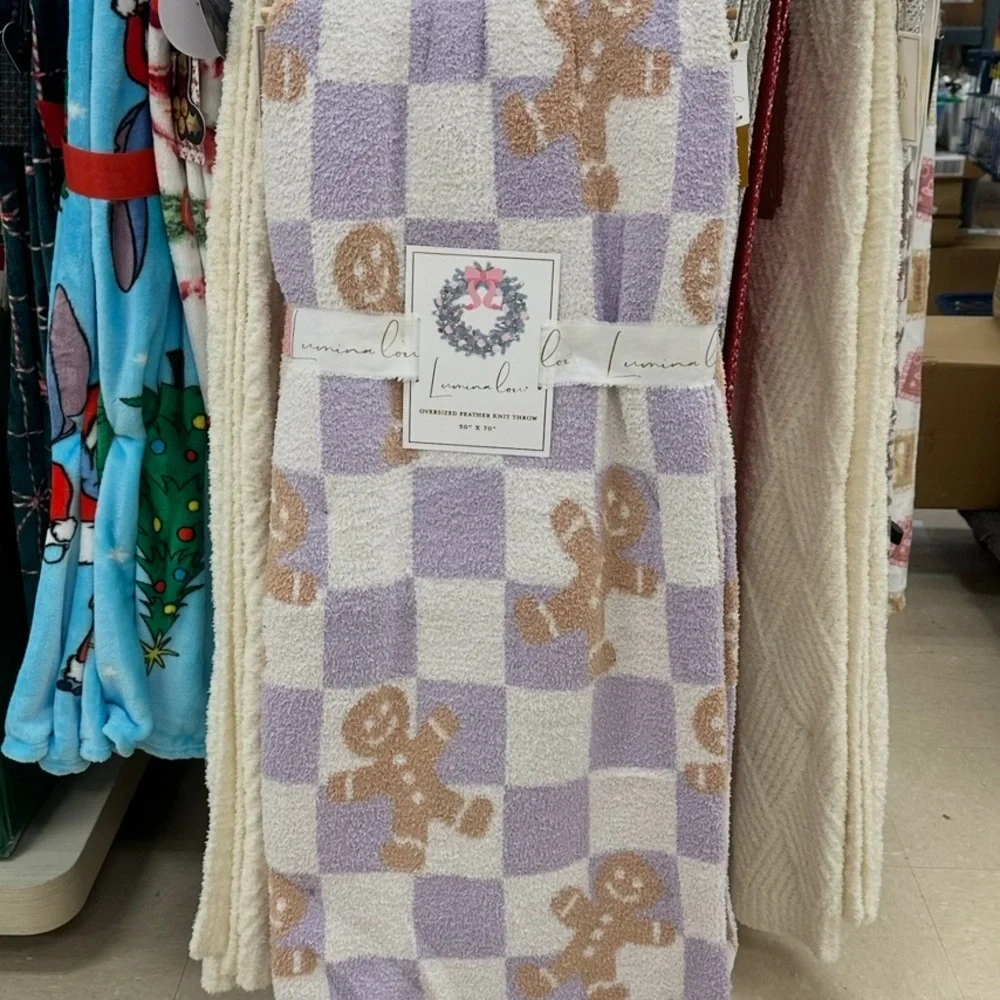 Lavender Checkered Decorative Throw Blanket with Gingerbread Man Design